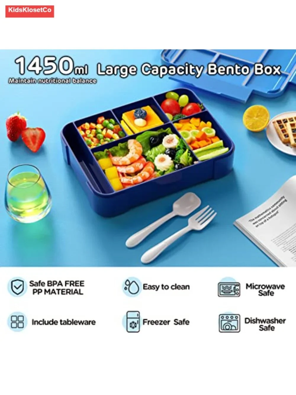 Kids Leakproof Bento Lunch Box 1450ml 6 Compartments with Utensils BPA-Free